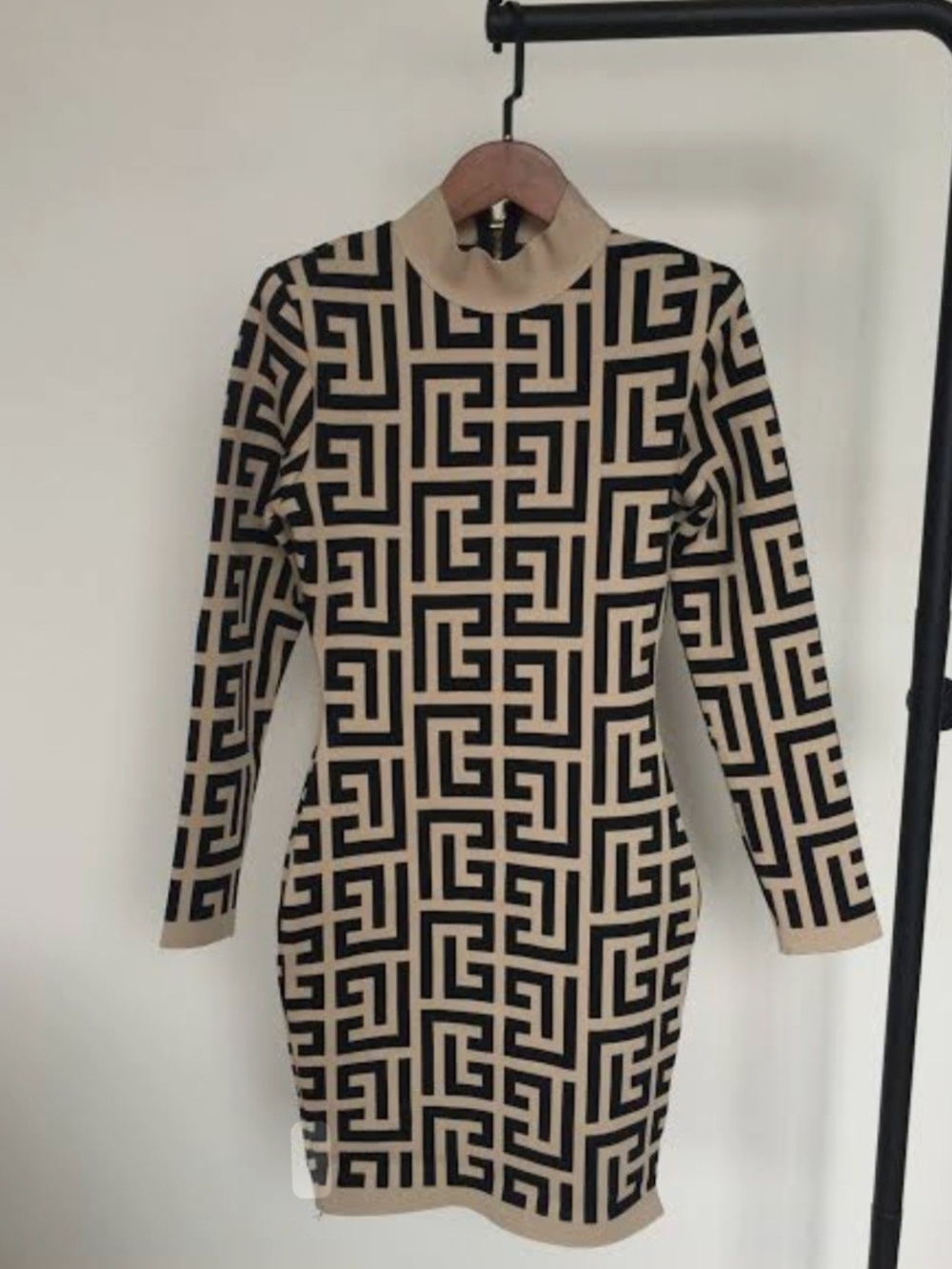 Bandage Jacquard Beige & Black Geometric Knit Dress -Long Sleeve